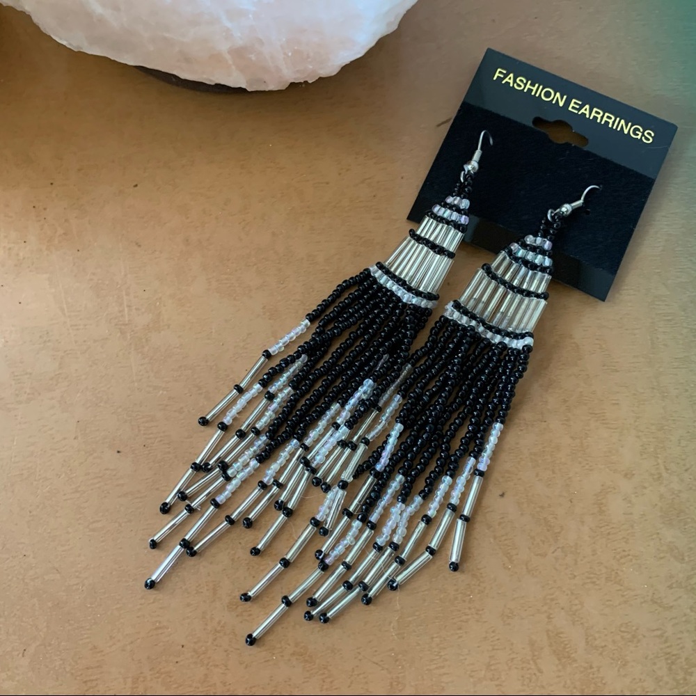 Black Beaded Fringe Earrings